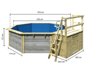 Karibu Holzpool Achteck X2 Set kleiner Filter + Skimmer inkl. Terasse - wassergrau - blaue Folie