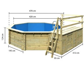 Karibu Holzpool Achteck 2C Set kleiner Filter + Skimmer + Terrasse + kleine Sonnenterasse - blaue Folie