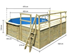 Karibu Holzpool Achteck 2D Set kleiner Filter + Skimmer + Terrasse + kleine Sonnenterasse - blaue Folie