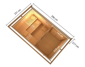 Karibu Gartensauna Hytti 6 + Vorraum + 9kW Saunaofen + externe Steuerung - 38mm Saunahaus - Pultdach - Energiespartür - natur