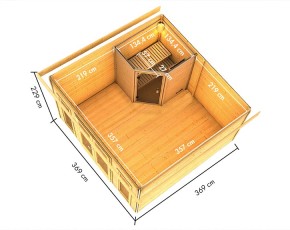 Karibu Gartensauna Mainburg 3 0 + Vorraum + 2 Liegen + 9kW Saunaofen + externe Steuerung - 38mm Saunahaus - Pultdach - natur