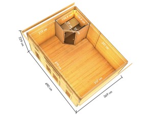 Karibu Gartensauna Mainburg 4 0 + Vorraum + 2 Liegen + 9kW Saunaofen + externe Steuerung - 38mm Saunahaus - Pultdach - natur