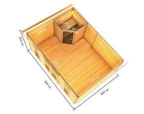 Karibu Gartensauna Mainburg 5 0 + Vorraum + 2 Liegen + 9kW Bio-Kombiofen + externe Steuerung - 38mm Saunahaus - Pultdach - natur