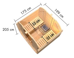 Karibu Fasssauna Quadro 1 + 9kW Saunaofen + integrierte Steuerung - 38mm Fassauna - Tonnendach - natur