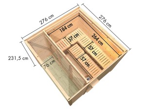 Karibu Gartensauna Angkor 3 + 9kW Saunaofen + externe Steuerung - 38mm Saunahaus - Flachdach - natur