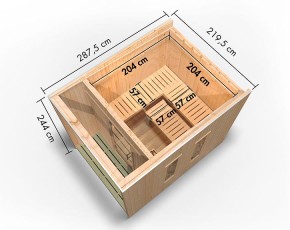 Karibu Gartensauna Laguna + 9kW Bio-Kombiofen + externe Steuerung - 73mm Saunahaus - Flachdach - natur