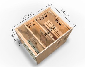 Karibu Gartensauna Catalina + Vorraum + 9kW Saunaofen + externe Steuerung - 73mm Saunahaus - Flachdach - natur