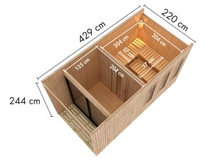 Karibu Gartensauna Miramar + Vorraum + 9kW Bio-Kombiofen + externe Steuerung - 73mm Saunahaus - Flachdach - natur