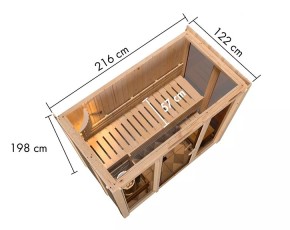 Karibu Innensauna Irava 2 + Glasfront + Superior-Ausstattung + 3,6kW Plug&Play Bio-Kombiofen + externe Steuerung - 68mm Systemsauna