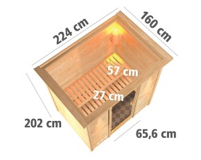 Karibu Innensauna Sonja + Dachkranz + 9kW Saunaofen + integrierte Steuerung - 38mm Blockbohlensauna - Ganzglastür bronziert