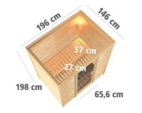 Karibu Innensauna Sonja + 9kW Saunaofen + externe Steuerung - 38mm Blockbohlensauna - Ganzglastür graphit