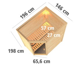 Karibu Innensauna Svea + 9kW Saunaofen + integrierte Steuerung - 38mm Blockbohlensauna - Ganzglastür graphit - Ecksauna