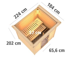 Karibu Innensauna Anja + Dachkranz + 9kW Saunaofen + externe Steuerung - 38mm Blockbohlensauna - Ganzglastür klar