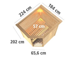 Karibu Innensauna Mia + Dachkranz + 9kW Saunaofen + externe Steuerung - 38mm Blockbohlensauna - Energiespartür - Ecksauna