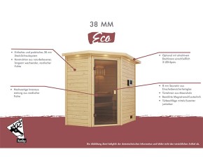 Karibu Innensauna Mia + Dachkranz + 9kW Bio-Kombiofen + externe Steuerung Easy bio - 38mm Blockbohlensauna - Ganzglastür klar - Ecksauna